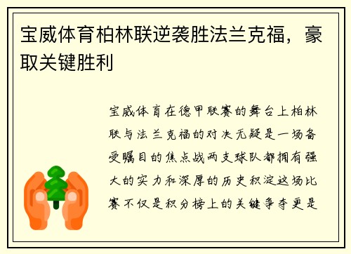 宝威体育柏林联逆袭胜法兰克福，豪取关键胜利