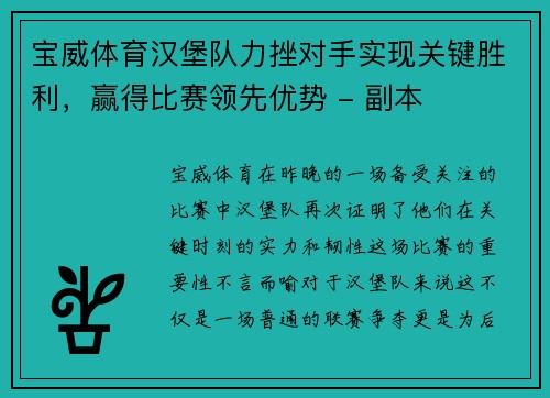 宝威体育汉堡队力挫对手实现关键胜利，赢得比赛领先优势 - 副本