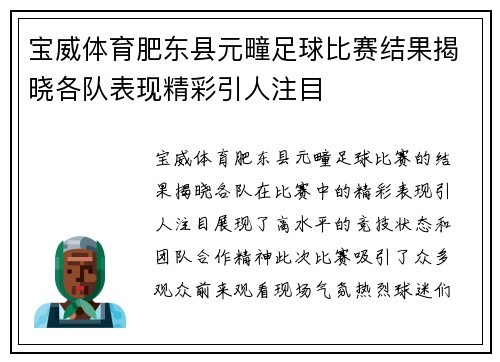 宝威体育肥东县元疃足球比赛结果揭晓各队表现精彩引人注目