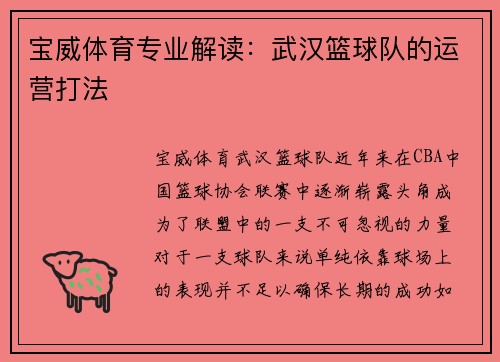 宝威体育专业解读：武汉篮球队的运营打法