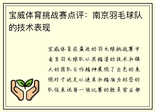 宝威体育挑战赛点评：南京羽毛球队的技术表现