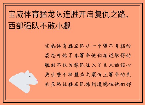 宝威体育猛龙队连胜开启复仇之路，西部强队不敢小觑