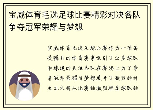 宝威体育毛选足球比赛精彩对决各队争夺冠军荣耀与梦想