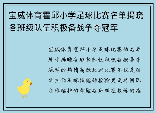 宝威体育霍邱小学足球比赛名单揭晓各班级队伍积极备战争夺冠军